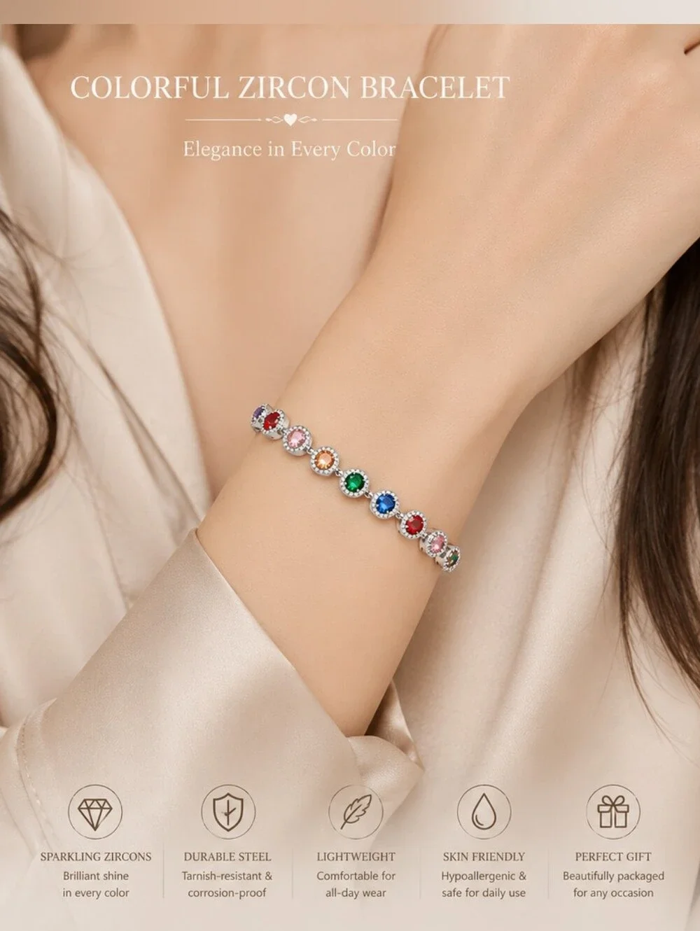 Multicolor Crystal Link Bracelet in Silver-Tone
